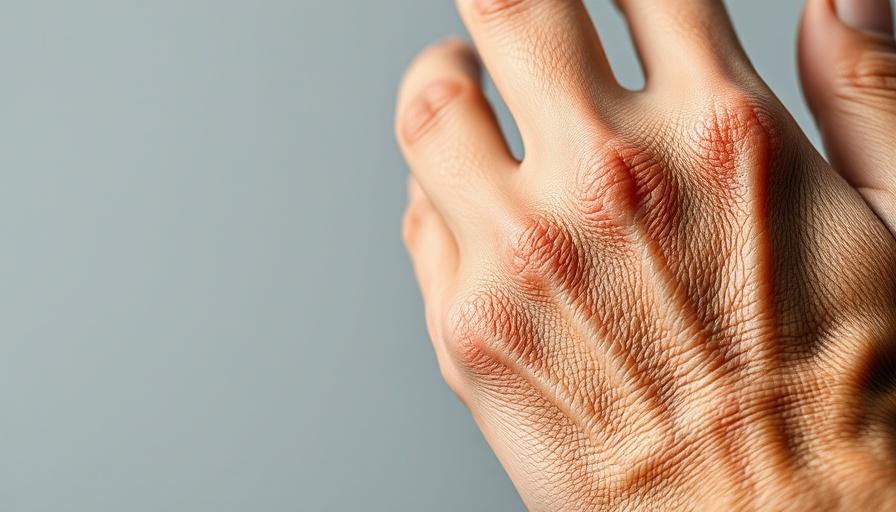 Hand with psoriatic arthritis symptoms, textured scales visible.
