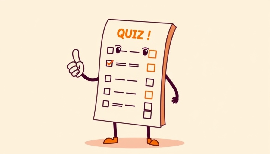 Cartoon quiz paper character with checklist in orange design.