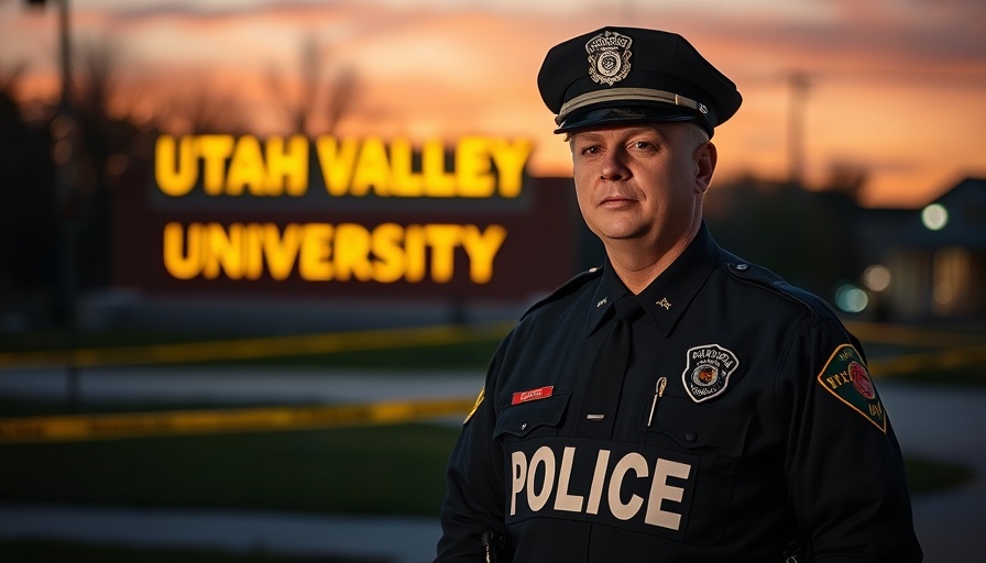 Police officer guarding Utah Valley University at dusk, with caution tape.