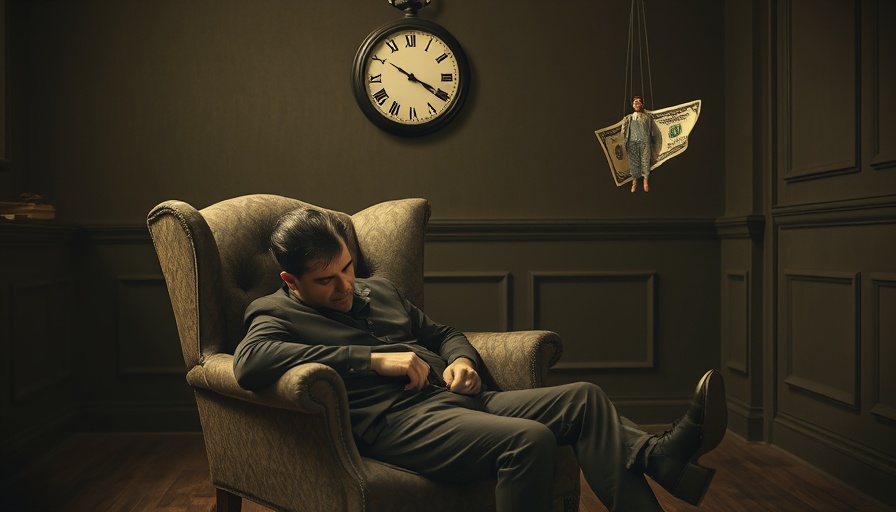 Conceptual image of man with puppet, clock, and money, artificially feeling poor theme.