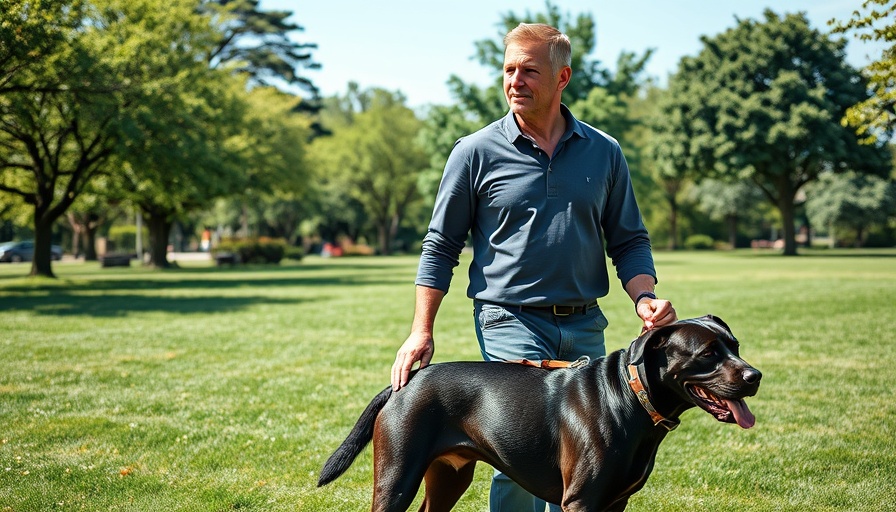 Man walking black dog on leash in sunny park for easier dog walks.