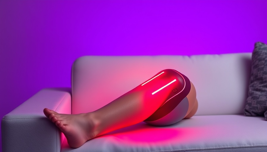 Electric red light therapy brace on knee with glowing nodes.