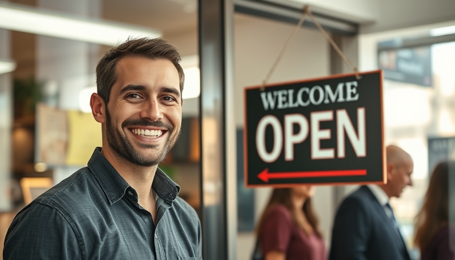 Smiling man hanging open sign at a small business, welcoming customers.