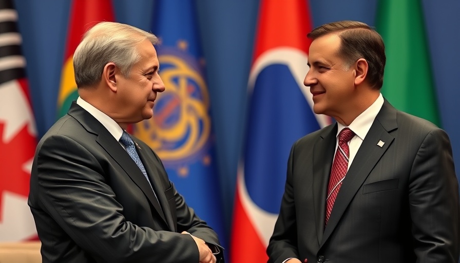 Diplomatic exchange between two leaders at summit with flags.