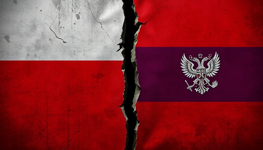 Symbolic image of cracked Polish and Russian flags indicating conflict.