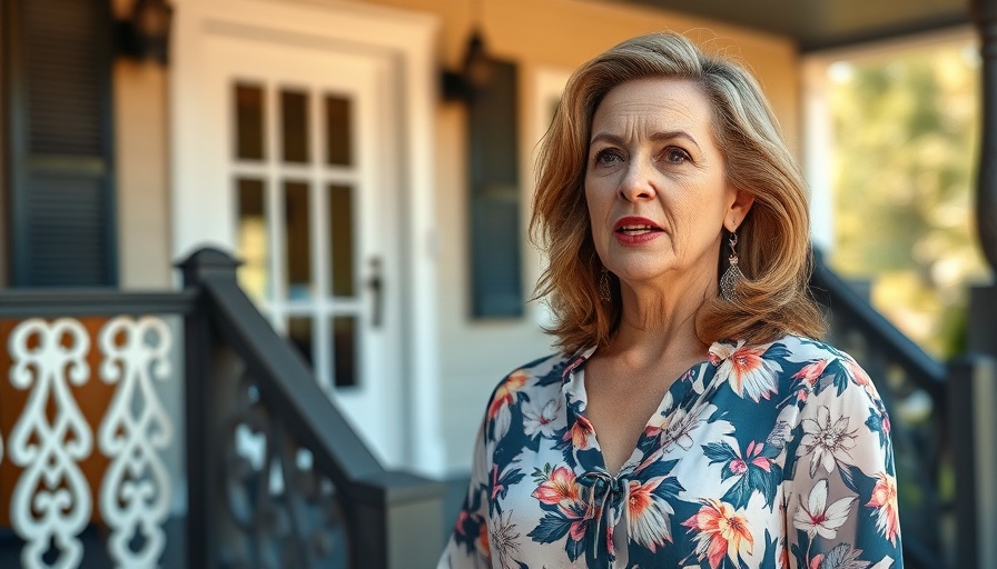 Confident woman discussing house flipping on a sunny front porch.