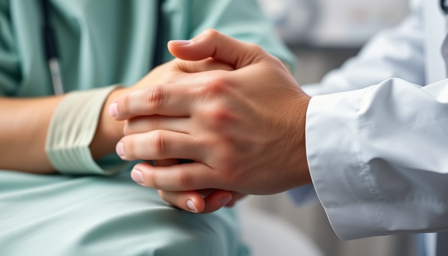 Doctor holding patient's hand for post-surgery dexmedetomidine AKI prevention.