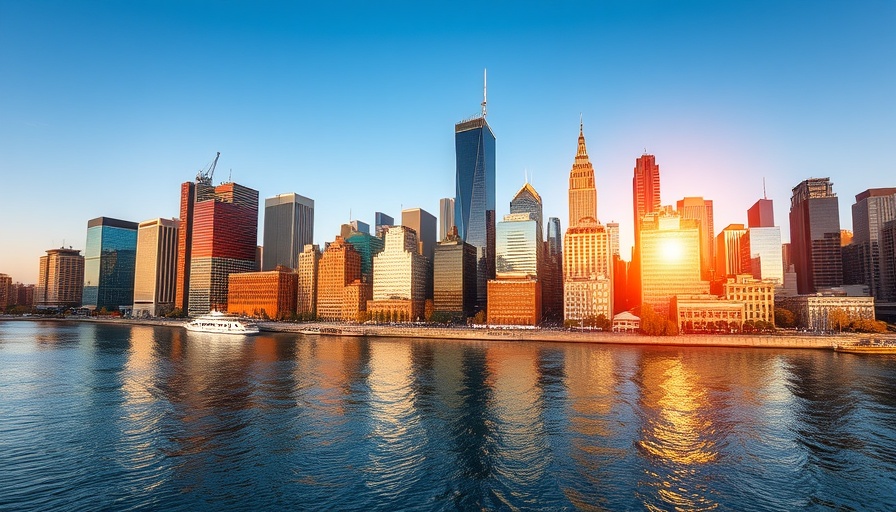 Vibrant city skyline reflecting on a river at sunrise, most tax-friendly states for investing.