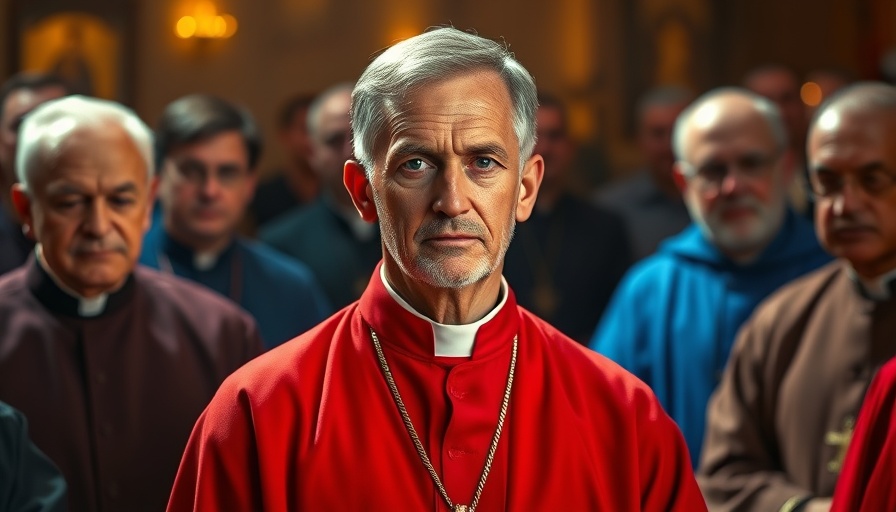 Religious figure in red attire at a ceremony, serene setting.