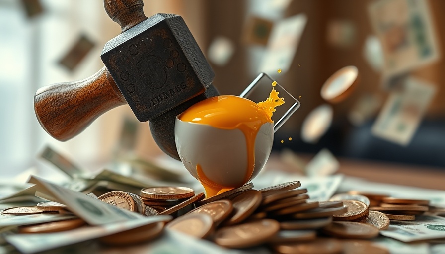 Broken egg with flying money, symbolizing financial impacts.