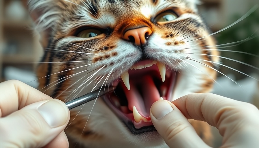 Close-up of tabby cat's mouth showing dental health check.