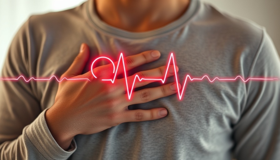 Person with atrial fibrillation symptoms holding chest, EKG overlay.