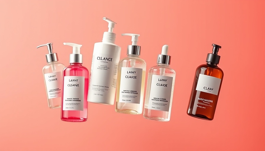 Elegant cleanser bottles for mature skin on coral background.