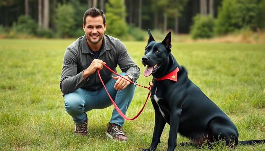 Confident man with alert Canis Panther protection dog outdoors.