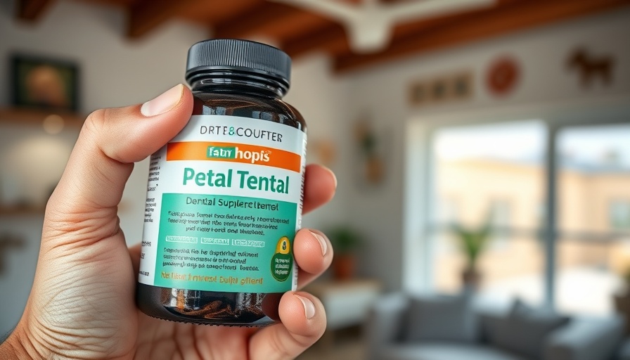 Pet dental supplement bottle for pet health, close-up view.