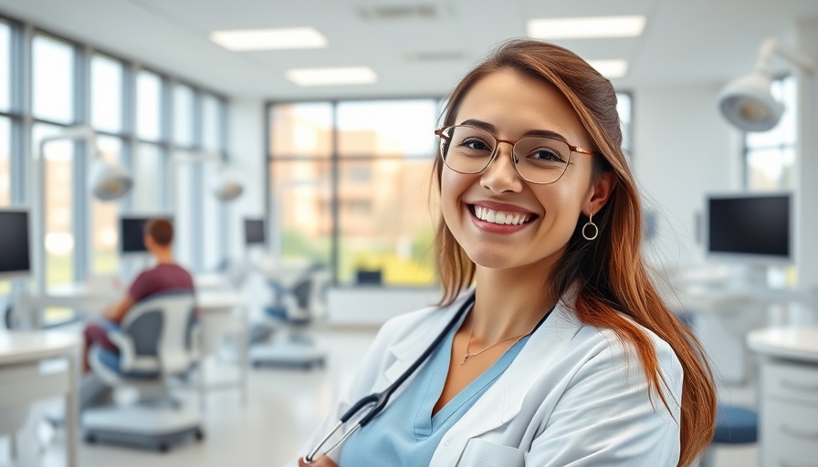 Smiling dental hygienist in modern dental school facility, career changes in dental hygiene.