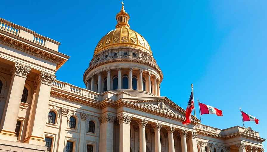 Iowa State Capitol dome under a clear blue sky.