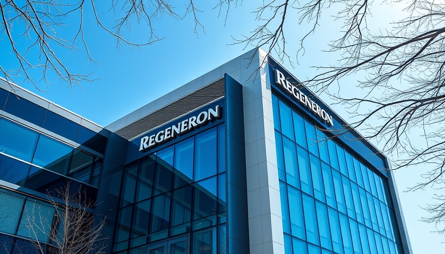 Regeneron building sign under blue sky, Garetosmab link.