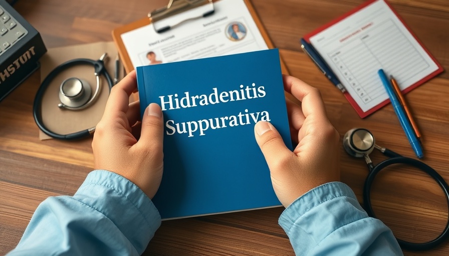 Hidradenitis suppurativa book on desk with medical items, eye disease risk context.