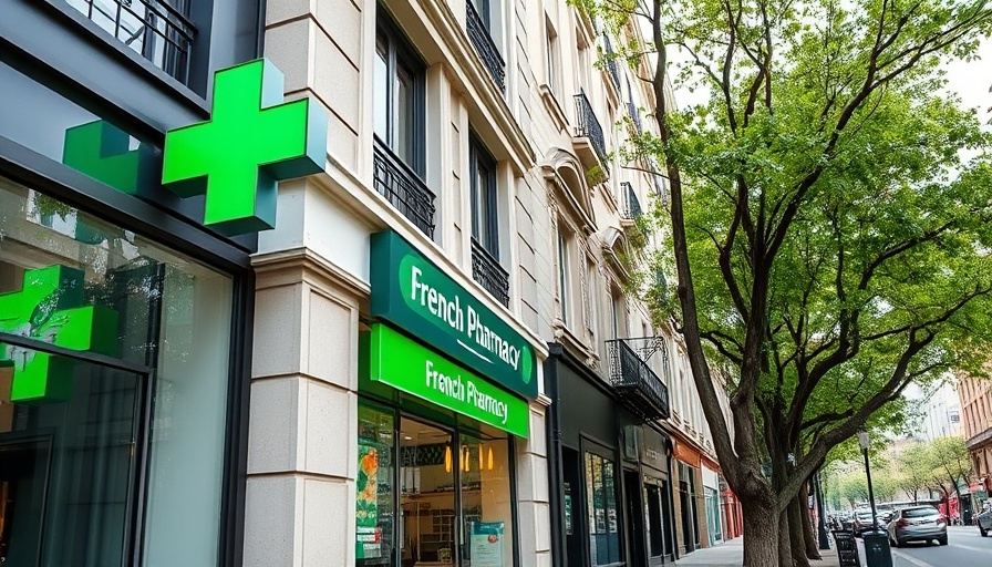 Modern French pharmacy with green signage on a tree-lined street.