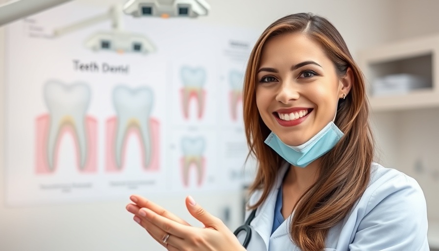 Female dentist explains dental crown appointment with tooth illustration.