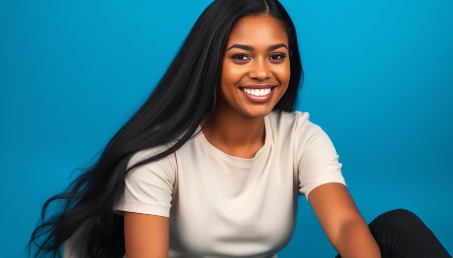 Confident woman with a bright smile against a blue background.