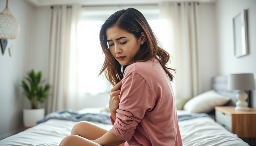 Young woman experiencing back pain, diagnosing body, back, and bone pain in bedroom.