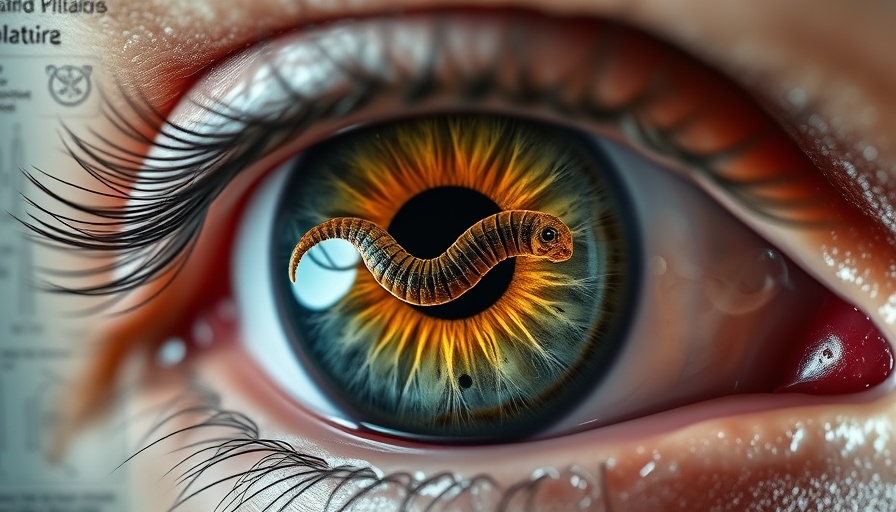Close-up image of a worm parasite in human eye with medical context.