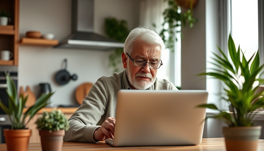 Elderly couple reviewing finances on laptop in a modern kitchen, discussing impact of working in retirement on Social Security and Medicare.