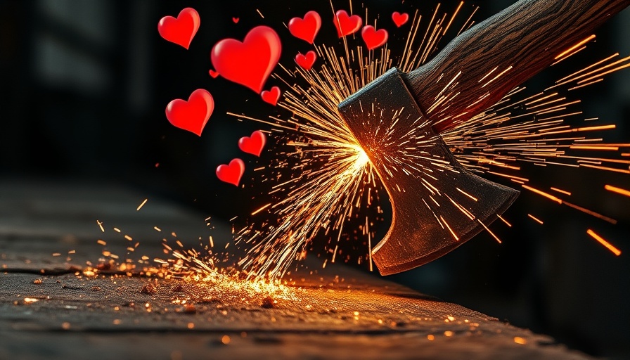 Axe striking surface with sparks and hearts, symbolizing passion in grindcore culture.