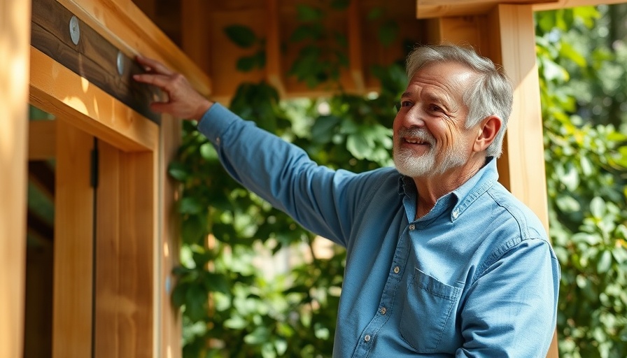 Man demonstrates rim joist repair technique outdoors.