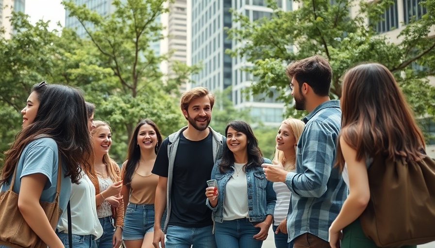Guess Celebrity Smiles, lively outdoor conversation, urban backdrop.