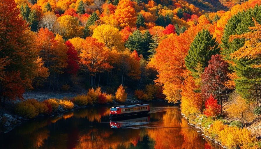 Scenic train ride through autumn foliage along a river.