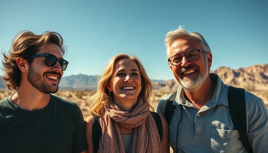 Smiling group hiking in desert landscape, highlighting happiness.