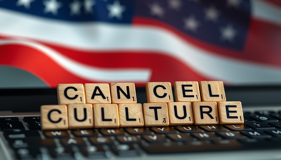 Wooden tiles spelling 'CANCEL CULTURE' on laptop, U.S. flag backdrop.