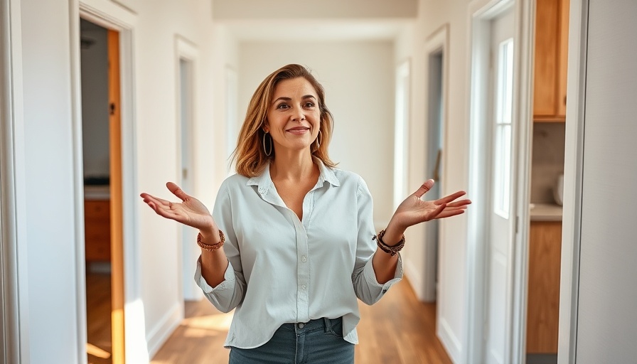 Woman explaining fixer upper home renovation ideas in hallway.
