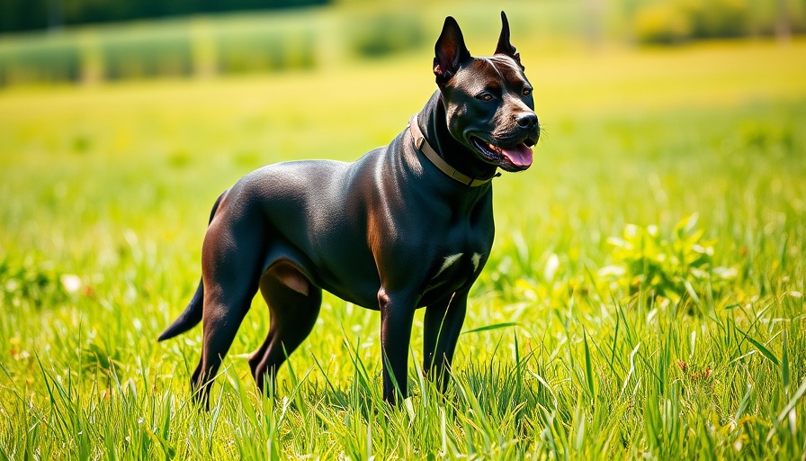 Muscular black protection dog standing alert on grass.