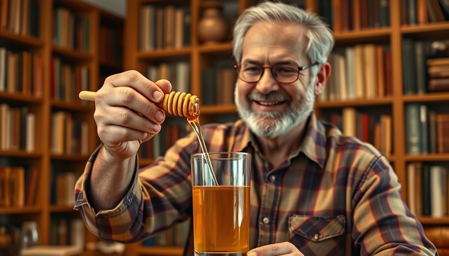 Middle-aged man demonstrating home remedy in a library setting.