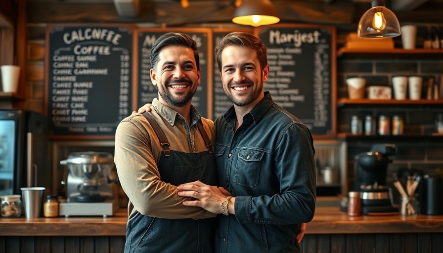 Small business owners smiling in cozy café setting.