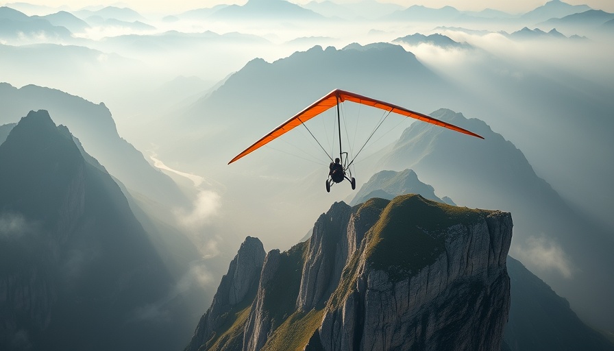 Hang glider in misty mountains, symbolizing insurance for risky sports.