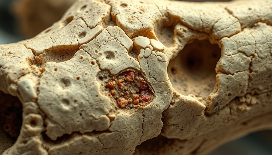 Close-up of bone with mysterious infection showing texture and lesions.