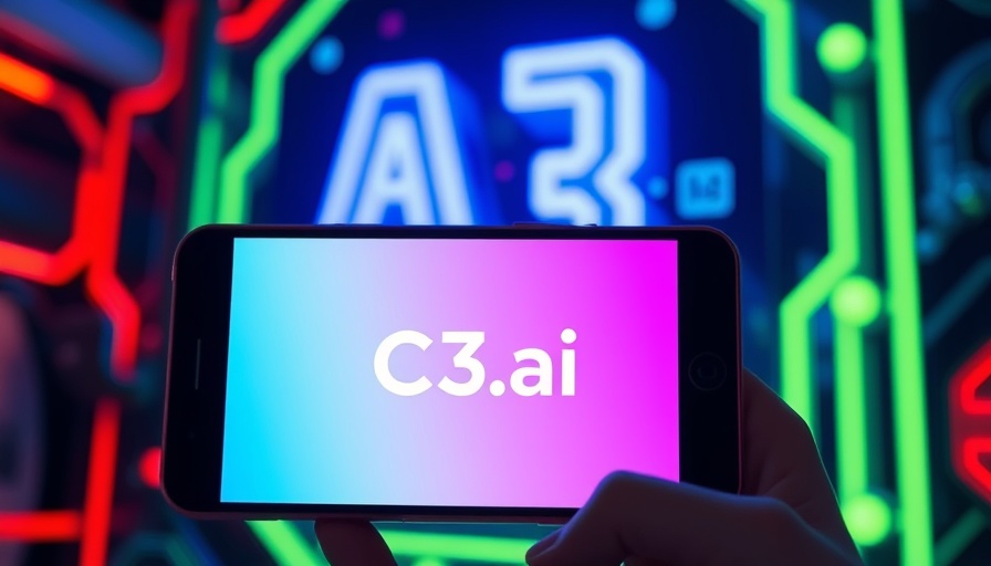 Smartphone with C3.ai logo, blue neon background, AI technology theme.
