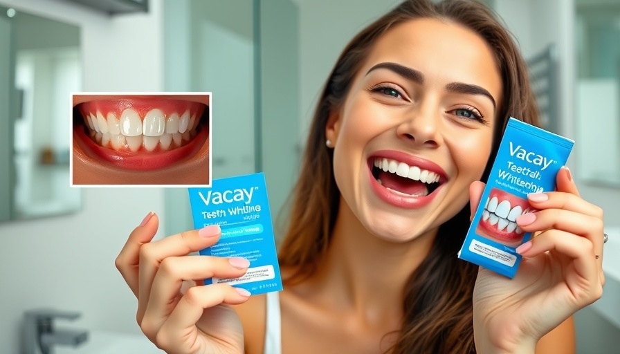 Enthusiastic woman with Vacay teeth whitening strips demonstrating results.