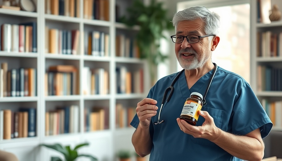 Middle-aged person in scrubs discussing supplements for dogs with dementia.
