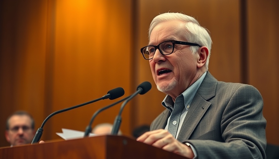 Elderly politician discusses government funding crisis for seniors at podium.