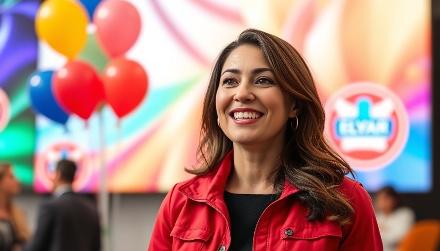 Smiling woman discussing diabetes and nutrition at a vibrant event.