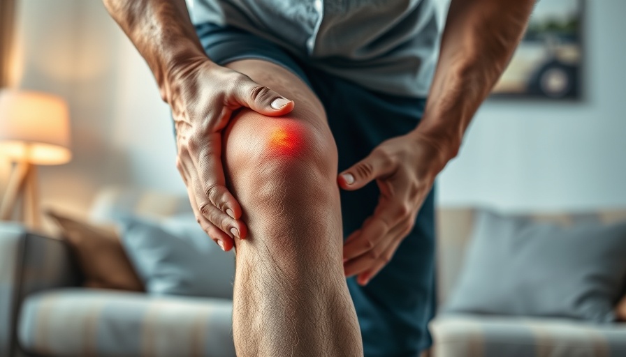 Person with knee arthritis pain holding knee, highlighting inflammation.