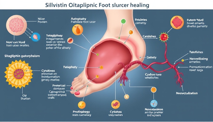 Sitagliptin diabetic foot ulcer healing process illustrated diagram.