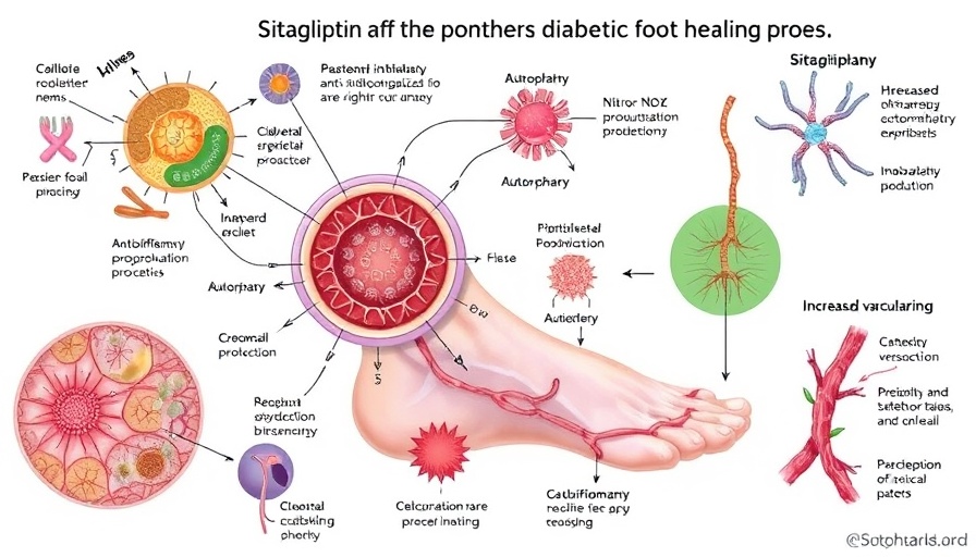 Medical illustration of sitagliptin's healing mechanism on diabetic foot ulcers.
