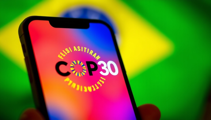 COP30 logo on smartphone against Brazilian flag backdrop